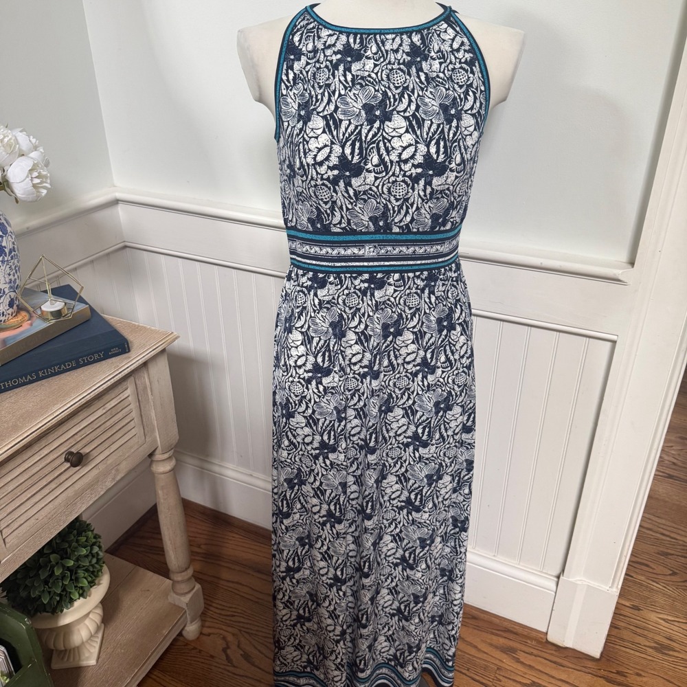 Max Studio‎ Navy Teal Floral High Neck Maxi Dress Womens Small